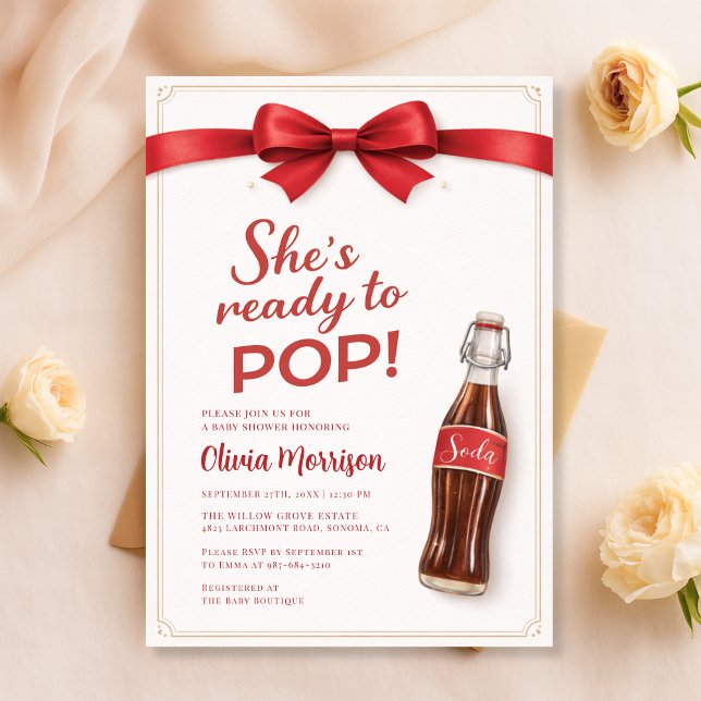 Redo för att Pop Soda Röd Båge Baby Shower Inbjudningar (Skapare uppladdad)