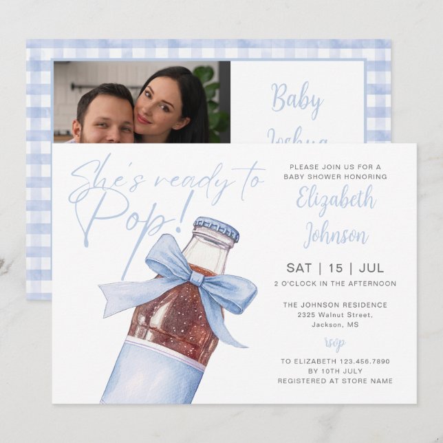 Redo För Att Spricka Blå Läskflaska Baby Shower Fo Inbjudningar (Fram/baksida)