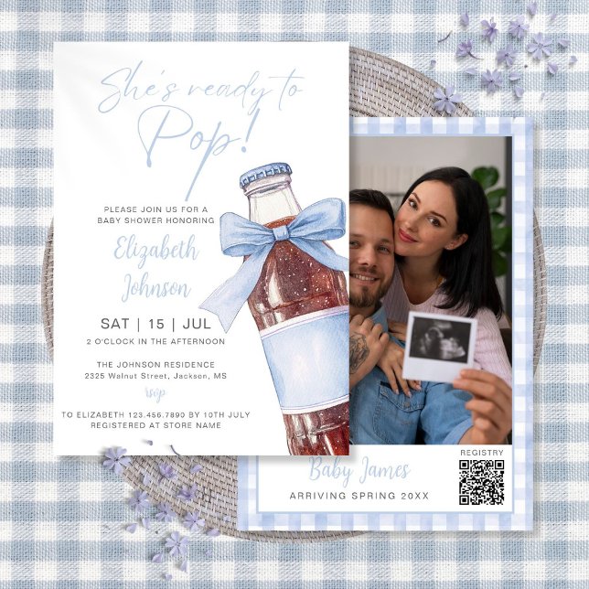 Redo För Att Spricka Blå Läskflaska Baby Shower Fo Inbjudningar (Ready To Pop Blue Soda Bottle Baby Shower Photo Invitation)