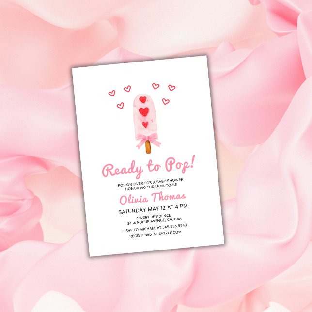 Redo för att stoppa hjärt- och hassblåsbildning ba inbjudningar (Ready To Pop Heart Bow Ice Cream Baby Shower Invitation)