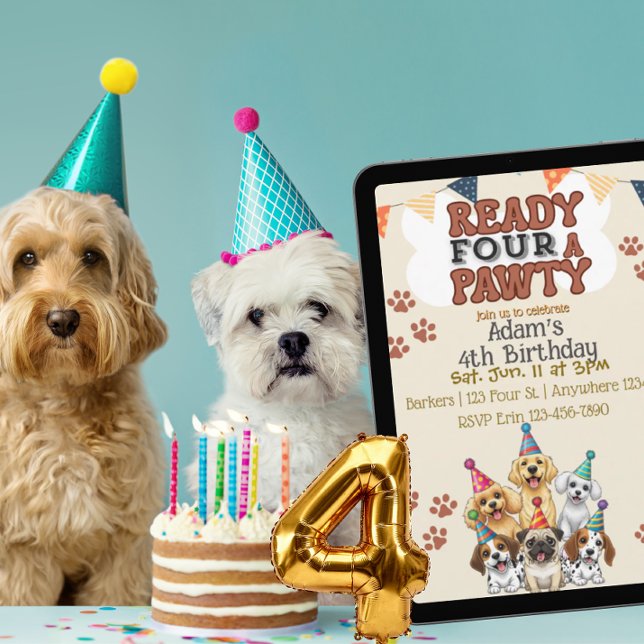 Redo för en Pawty, Hund 4-års födelsedagsinbjudan Inbjudningar (Skapare uppladdad)