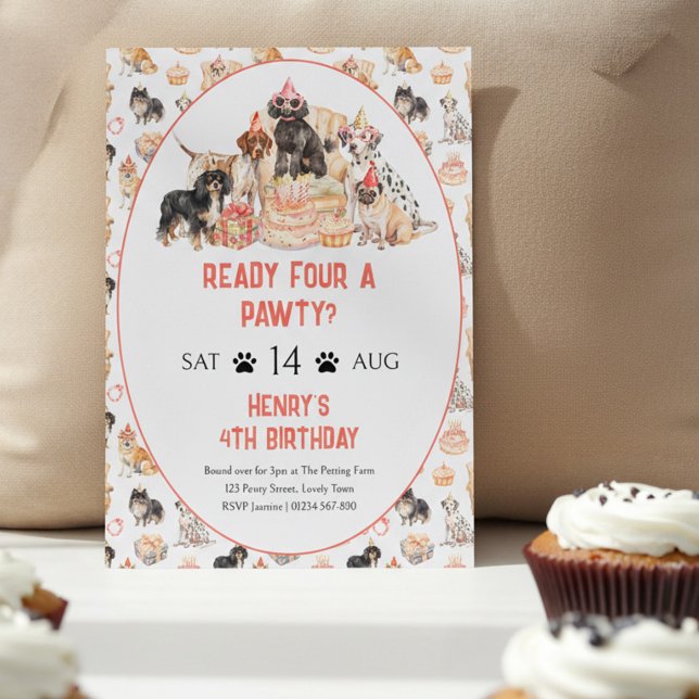 Redo för en Pawty Neutral Hund 4-års födelsedag Inbjudningar (Ready Four a Pawty dog themed 4th birthday party invitation)