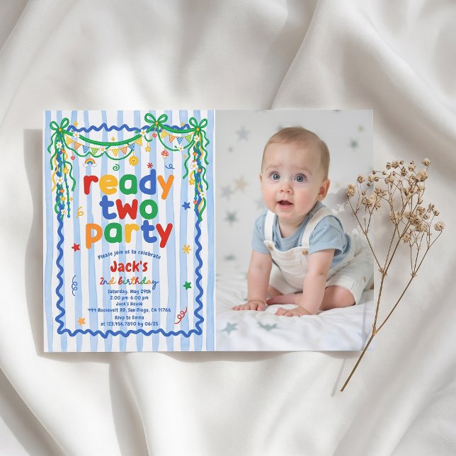 Redo för fest Pojke 2-års födelsedagsfoto inbjudan (Skapare uppladdad)