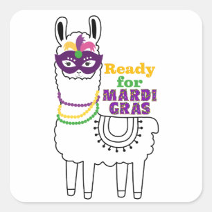 Redo för fjädrar av pärlor från Mardi Gras llama m Fyrkantigt Klistermärke