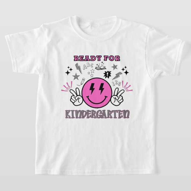 Redo för Kindergarten Rosa Retro Smiley face T Shirt (Laydown)