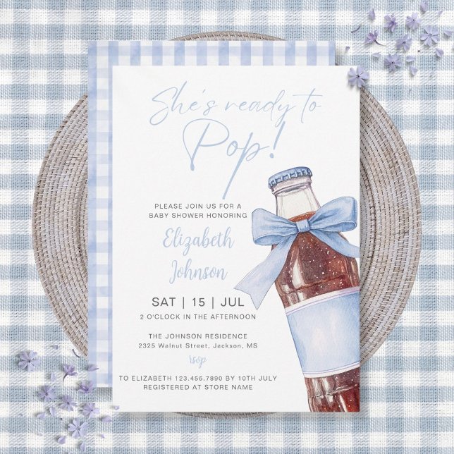 Redo För Knallpulver Blå Band Baby Shower Inbjudningar (Ready To Pop Soda Bottle Blue Bow Baby Shower Invitation)