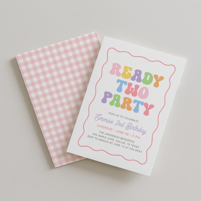 Redo För Party Rosa Rutiga Flickor 2-årsdag Inbjudningar (Skapare uppladdad)