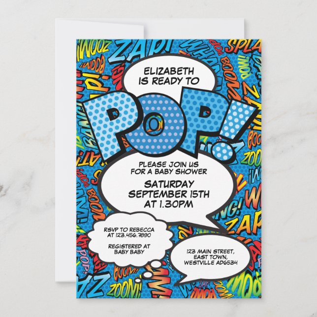 Redo för Pop Baby Shower Serietidning Kul Blå Inbjudningar (Framsida)