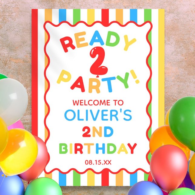 Redo för Två Födelsedagsfest 2-års Välkomstskylt Poster (Ready Two Party 2nd Birthday Fun Welcome Sign)