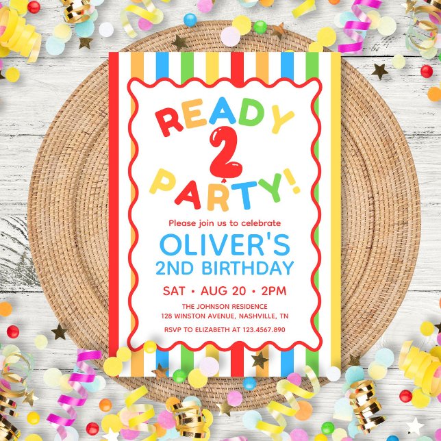 Redo För Två Födelsedagsfest Färgglad Randig 2-års Inbjudningar (Ready Two Party Fun Colorful Striped 2nd Birthday Invitation)
