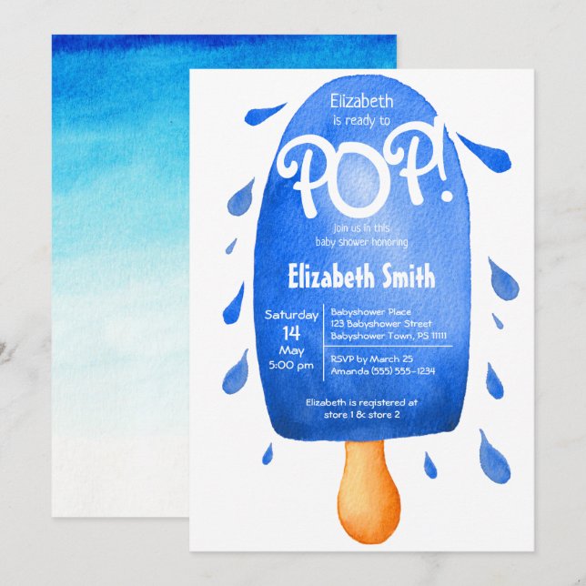 Redo för vattenfärg för popup-babydusch i pojke inbjudningar (Fram/baksida)