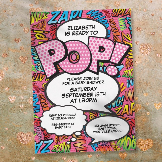 Redo till Bok Roligtens Rosa för barnskor i popup- Inbjudningar (Ready to Pop Baby Shower Comic Book Fun Pink Invitation)