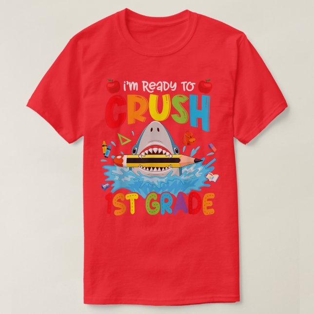 Redo till Crush 1st Klass Funny Shark Boys Kid bac T Shirt (Design framsida)