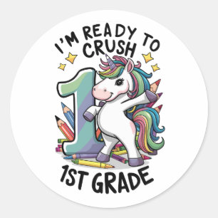 Redo till Crush First Klass Back School Unicorn Runt Klistermärke