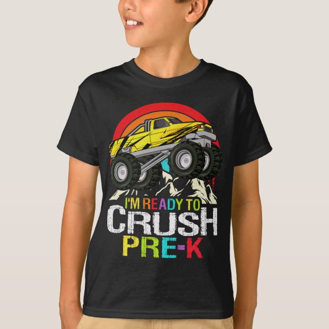 Redo till Crush Pre-k Retro School Monster lastbil T Shirt (Framsida)
