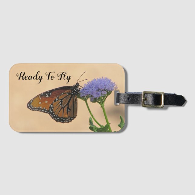Redo till Fly Monarch vid Lila Flower Butterfly Bagagebricka (Framsida horisontal)