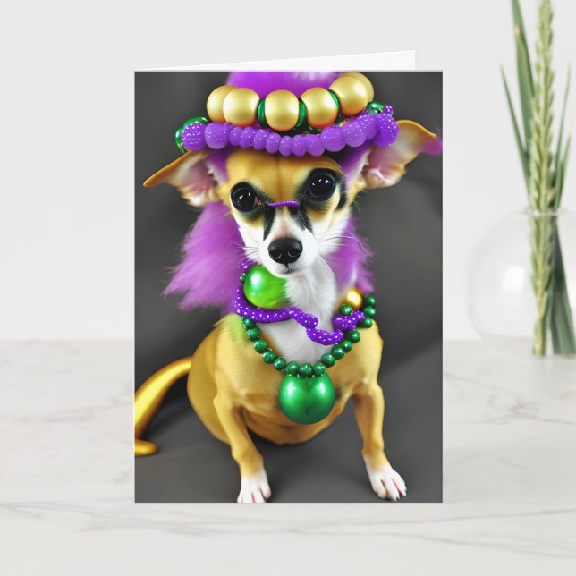 Redo till Party? Mardi Gras Chihuahua Kort (Framsida)