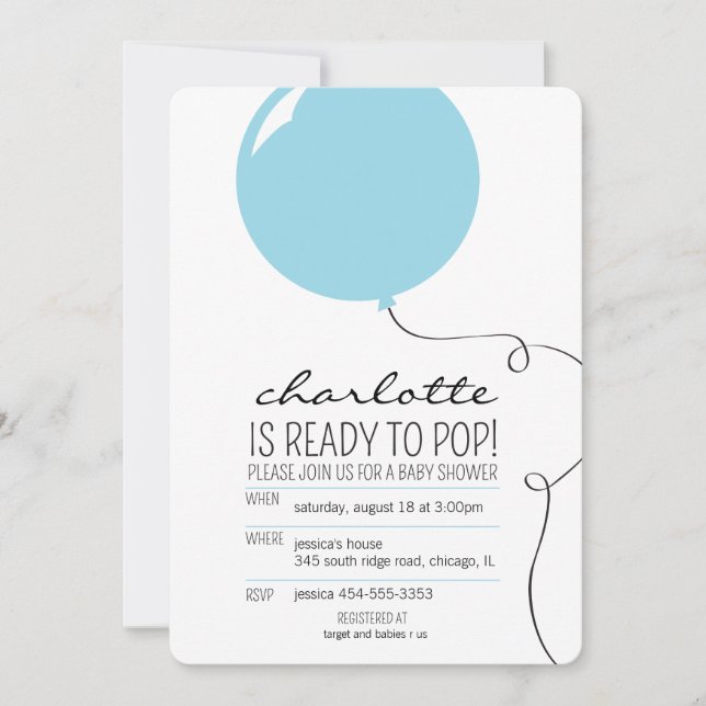 Redo till Pop Blue Balloon Boy Shower Inbjudan (Framsida)