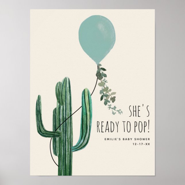 Redo till pop Blue Balloon Cactus Boy Shower Poster (Framsidan)