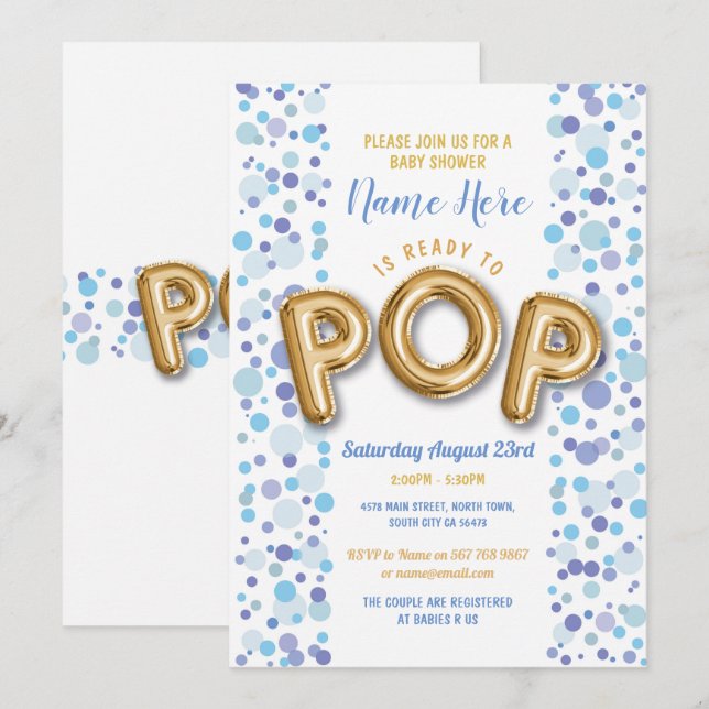 Redo till POP Boy Baby Shower Guld och Blue Inbjud Inbjudningar (Fram/baksida)