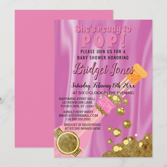 Redo till Pop Champagne Rosa Flicka Shower Inbjudningar (Fram/baksida)