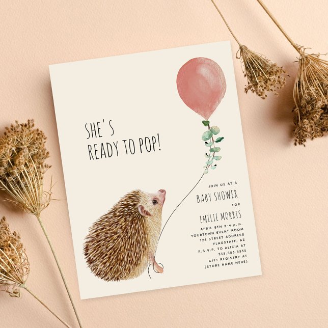 Redo till Pop Hedgehog Rosa Balloon Baby Shower Inbjudningar (Skapare uppladdad)