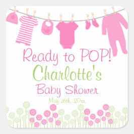 Redo till POP! Rosa Clothesline Baby Shower Fyrkantigt Klistermärke