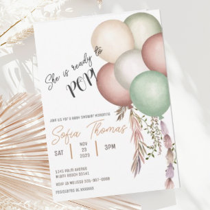 Redo till popup Boho Ballons Baby Shower-inbjudan Inbjudningar