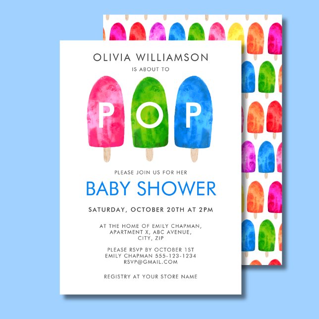 Redo till popup-färgad popup-blått babyskor inbjudningar (Ready to Pop Ice Lolly Baby Shower Invitation Baby Boy Blue)