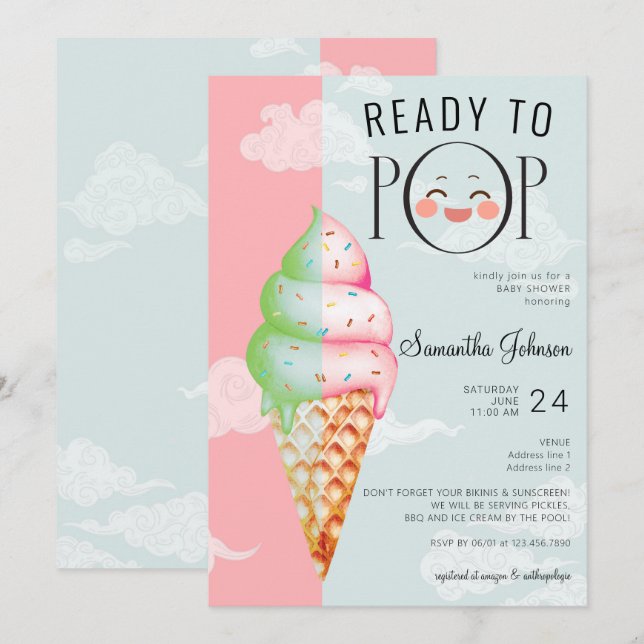 Redo till popup Mint & Rosa Ice Cream Baby Shower Inbjudningar (Fram/baksida)