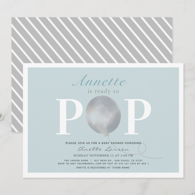 Redo till popup Modern Blue Balloon Baby Shower Inbjudningar (Fram/baksida)