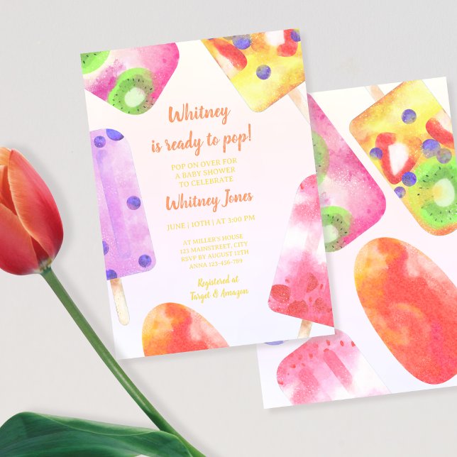 Redo till popup-popup-fönster för vattenfärgsbabyk inbjudningar (Ready To Pop Popsicle Watercolor Baby Shower Invitation)
