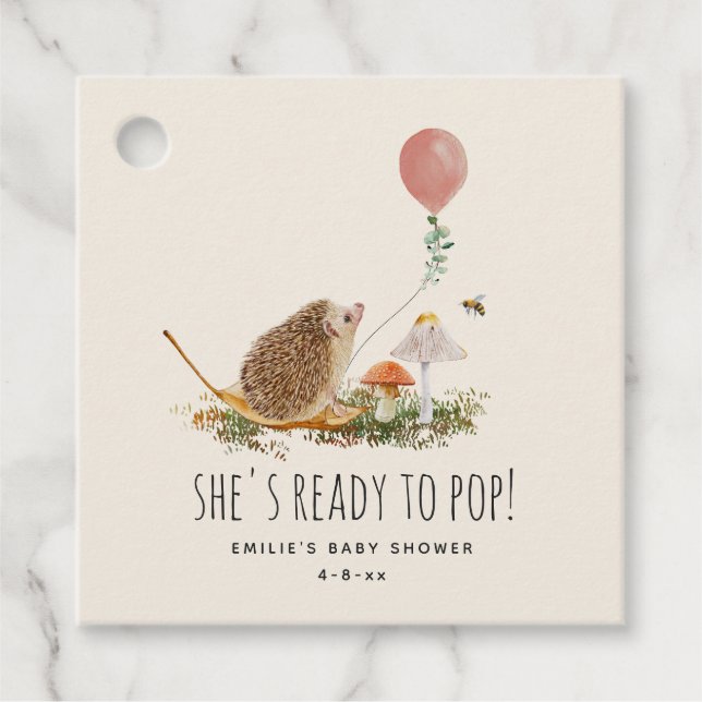 Redo till popup-svampar Hedgehog Baby Shower Rosa Gåvor Etiketter (Framsida)