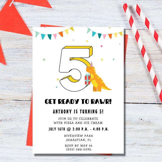 Redo till Rawr Dinosaur Boy 5:e Födelsedagsfesten Inbjudningar (Ready to Rawr Dinosaur Boy 5th Birthday Party Invitation)
