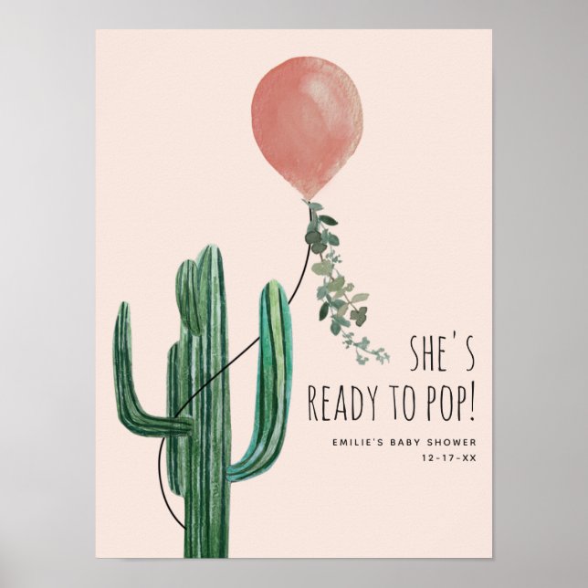 Redo till Rosa Balloon Cactus Girl Baby Shower Poster (Framsidan)