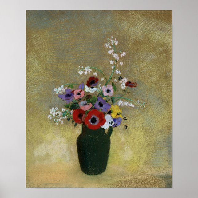 Redon - Stora Grönten Vas med blandade blommor Poster (Framsidan)