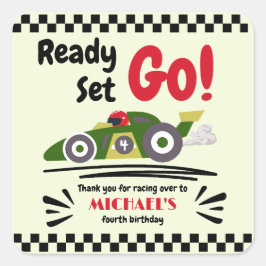 Redot Ålder födelsedag Ställ in Grön Tävling-bil Fyrkantigt Klistermärke