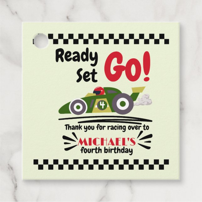 Redot Ålder födelsedag Ställ in Grön Tävling-bil Gåvor Etiketter (Framsida)