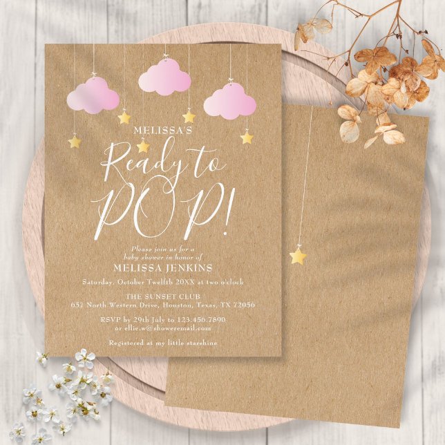 Redot Cute to Pop Rustic Rosa Baby Shower Inbjudan Vykort (Cute Ready to Pop Rustic Pink Baby Shower Invitation Postcard)