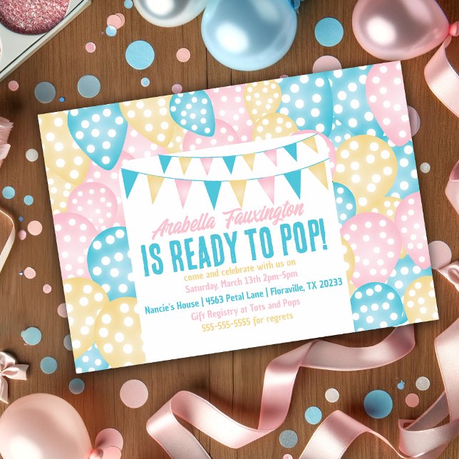 Redot Klistra in bubblor i popup-babyvisningsprogr Inbjudningar (Ready to pop baby shower invitation)
