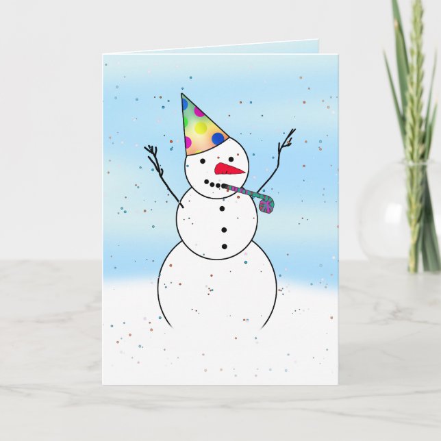 Redot snögubbe för ett Party! Helgkort (Framsida)