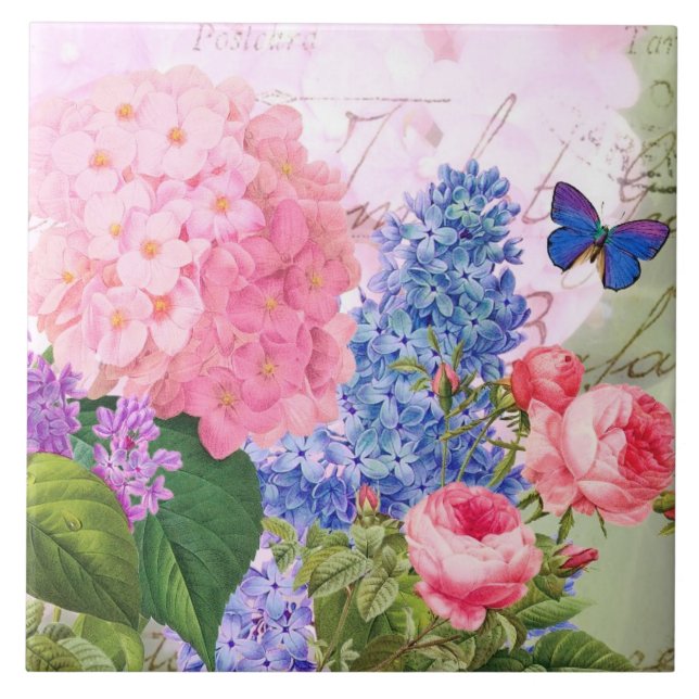 Redoute Flowers Rosa Hydrangea Ceramic Tile Kakelplatta (Framsidan)