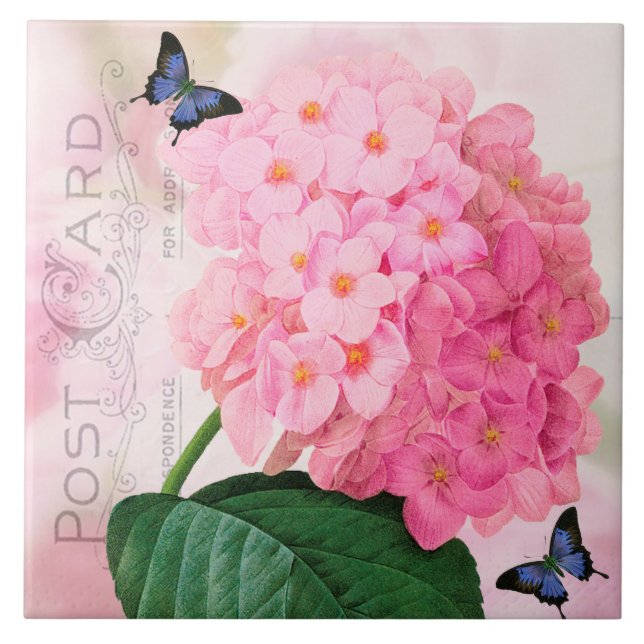 Redoute Fransk Rosa Hydrangea Ceramic Tile Kakelplatta (Framsidan)