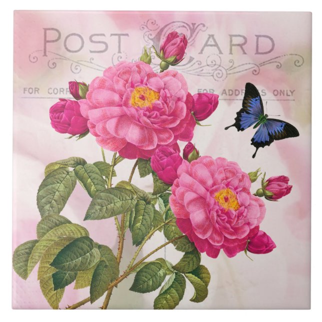 Redoute Fransk Rosa ros Ceramic Tile Kakelplatta (Framsidan)