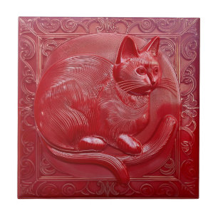 Reducerad faux-lättnad i Art nouveau Cat Kakelplatta