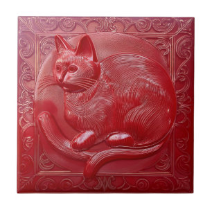 Reducerad faux-lättnad i Art nouveau Cat Kakelplatta