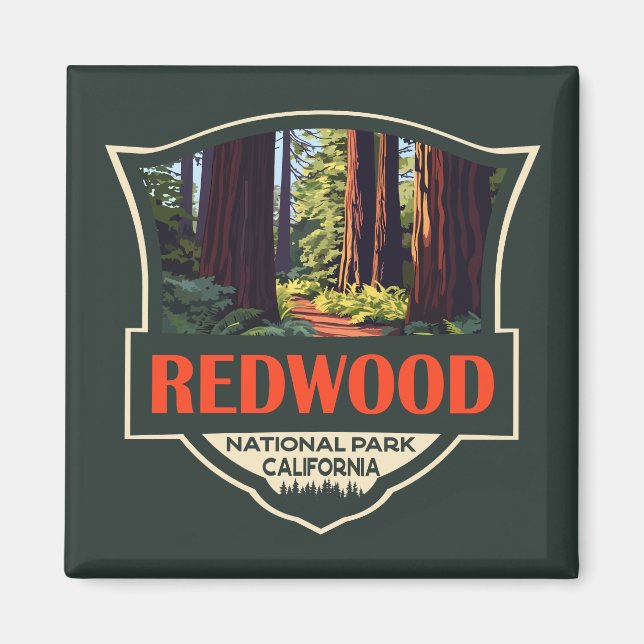 Redwood National Park Illustration Retro Badge Magnet (Framsidan)
