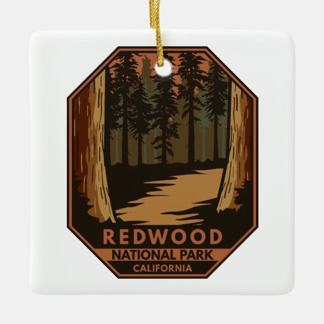 Redwood National Park Minimal Retro Emblem Julgransprydnad Keramik (Framsida)