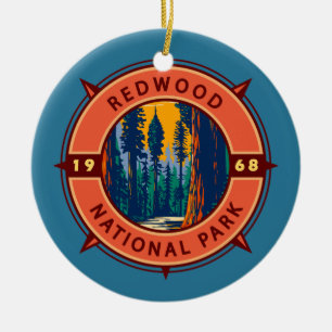 Redwood National Park Retro Compass Emblem Julgransprydnad Keramik