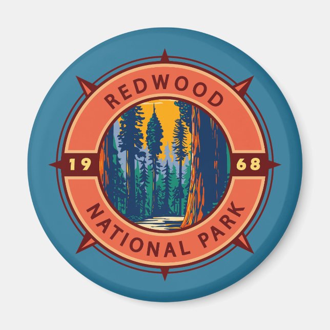 Redwood National Park Retro Compass Emblem Magnet (Framsidan)